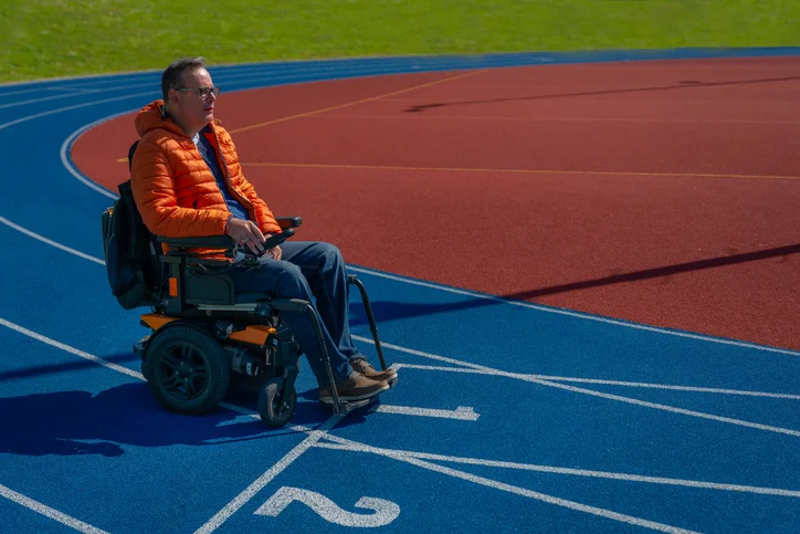 Man on wheelchair at a racetrack